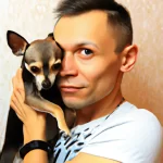 A man holding a chihuahua dog.